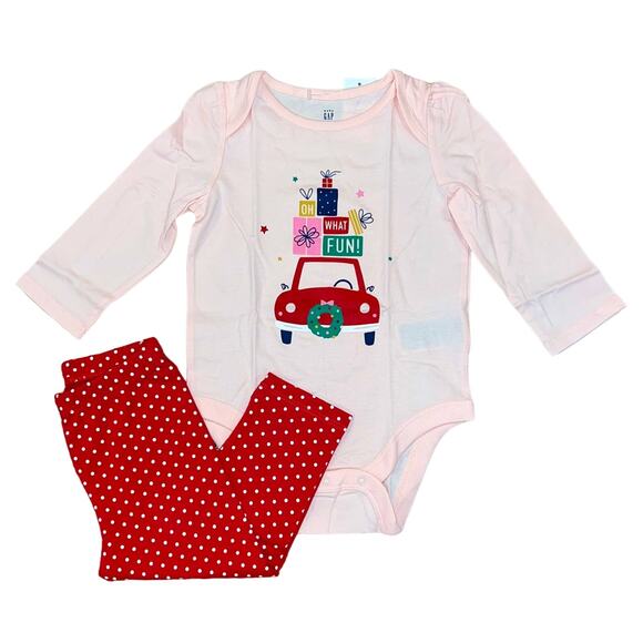 NWT GAP Baby Pink W/Christmas Graphic Bodysuit & Red Dot Leggings - Picture 1 of 11